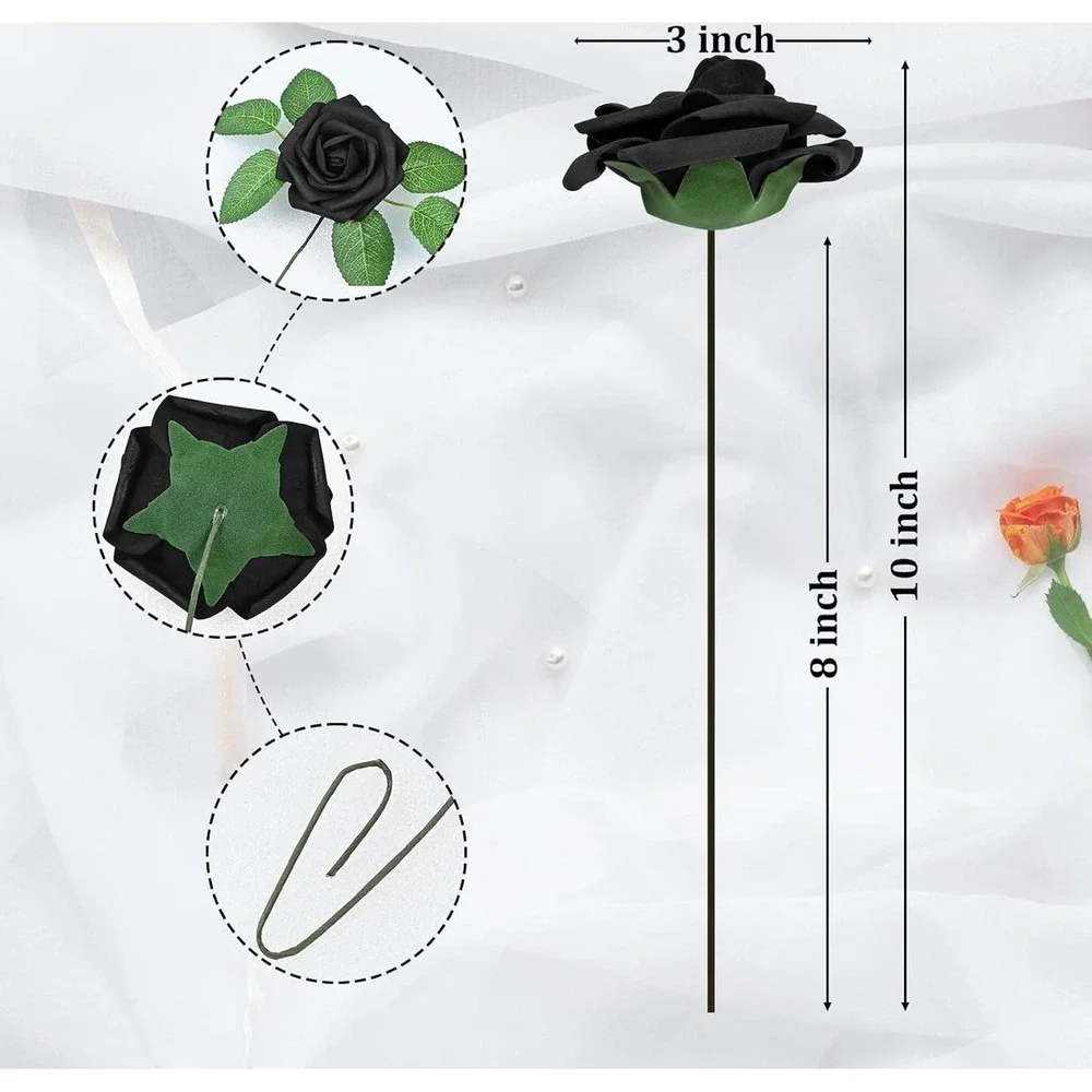 NWT 9Pc Black Artificial Roses w/ Stems Real Touch Foam Flowers DIY Wedding Goth